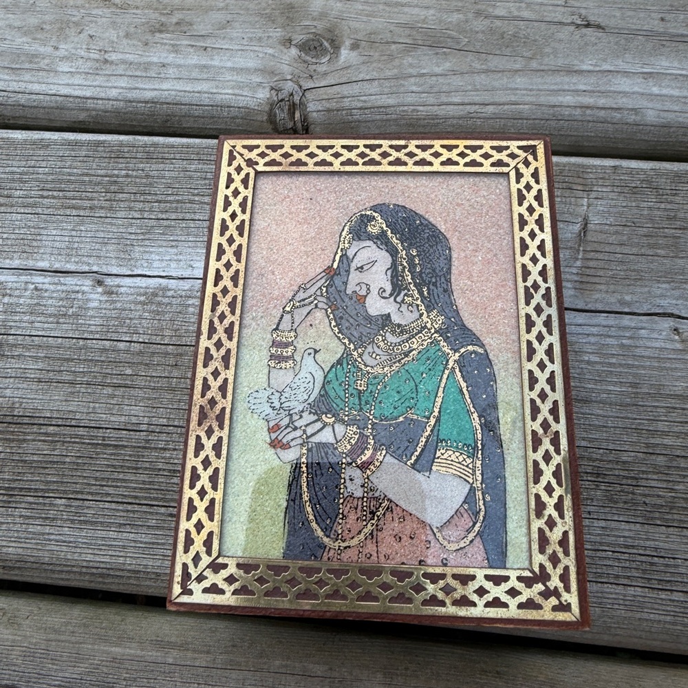 Wood & Brass Jewelry Box with Crushed Gemstones Painting ~Rajput Princess